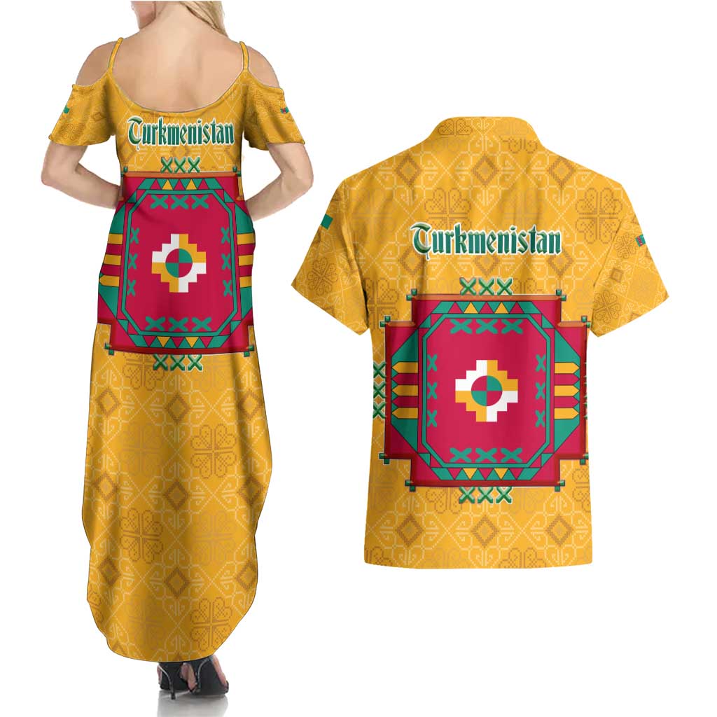 Turkmenistan Traditional Carpet Motif Couples Matching Summer Maxi Dress and Hawaiian Shirt with Ethnic Pattern Design