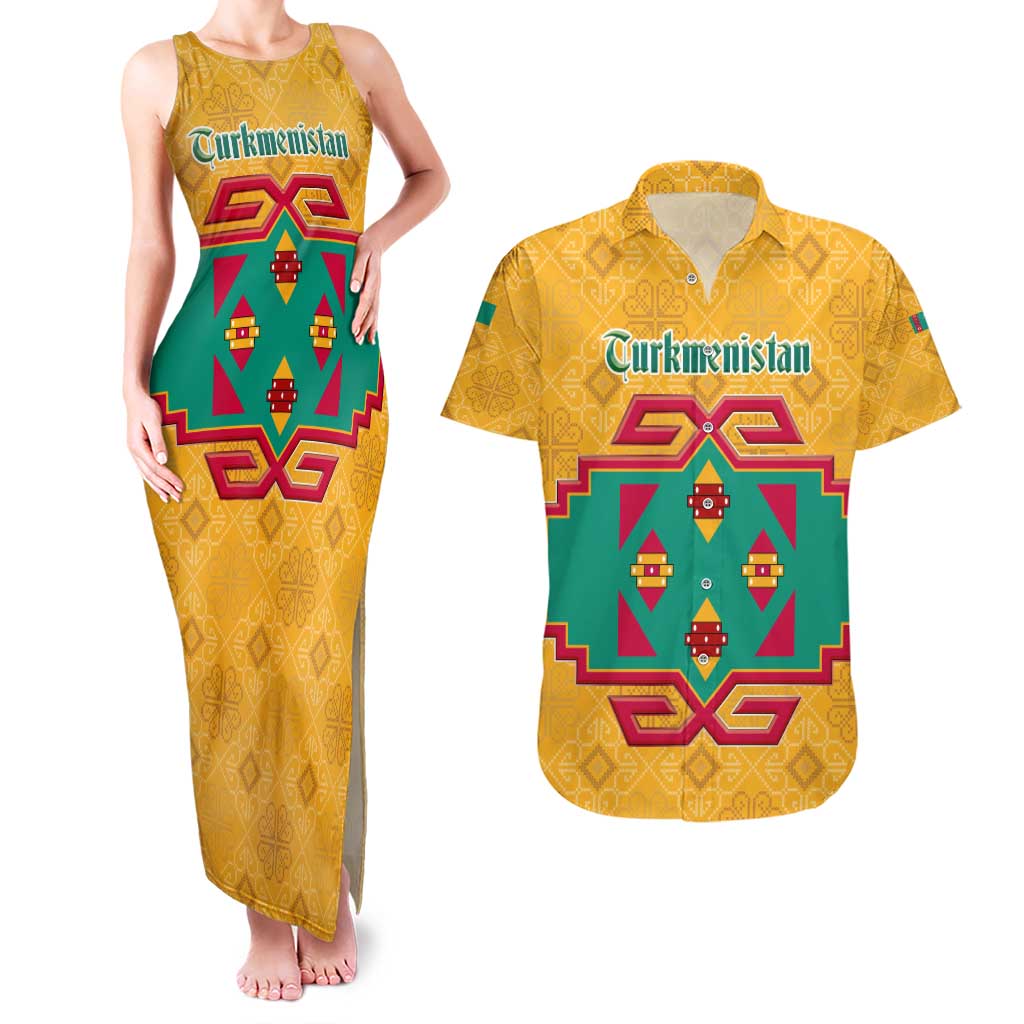 Turkmenistan Traditional Carpet Motif Couples Matching Tank Maxi Dress and Hawaiian Shirt with Ethnic Pattern Design