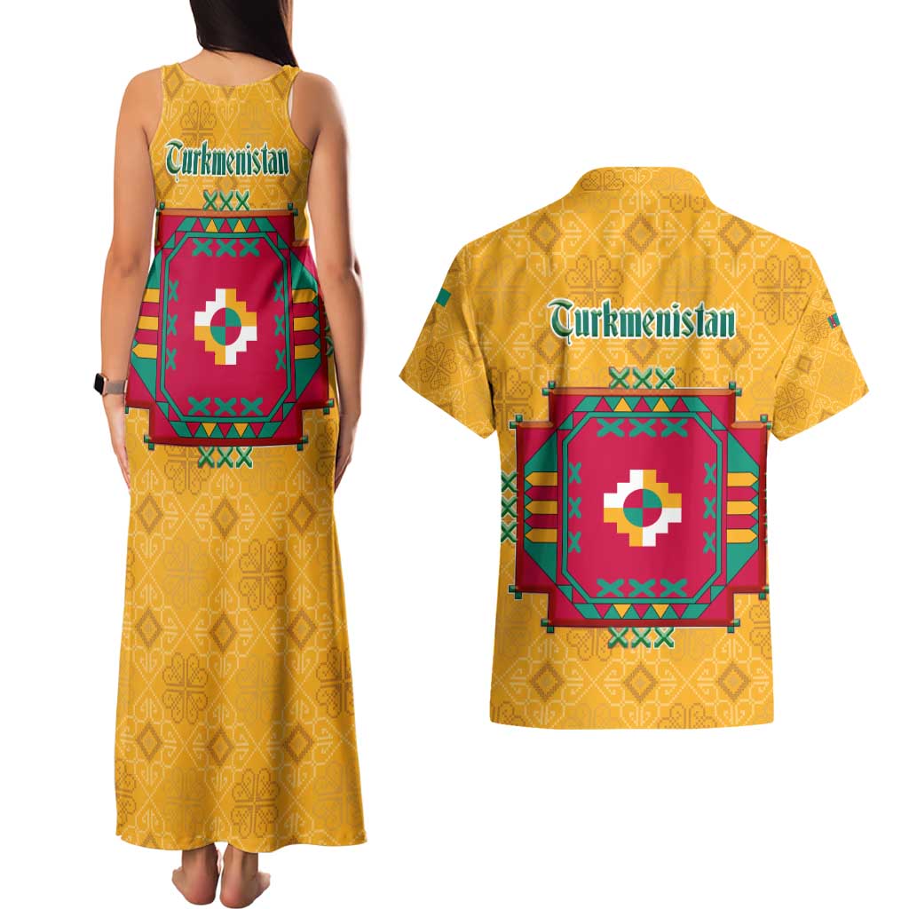 Turkmenistan Traditional Carpet Motif Couples Matching Tank Maxi Dress and Hawaiian Shirt with Ethnic Pattern Design