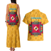 Turkmenistan Traditional Carpet Motif Couples Matching Tank Maxi Dress and Hawaiian Shirt with Ethnic Pattern Design