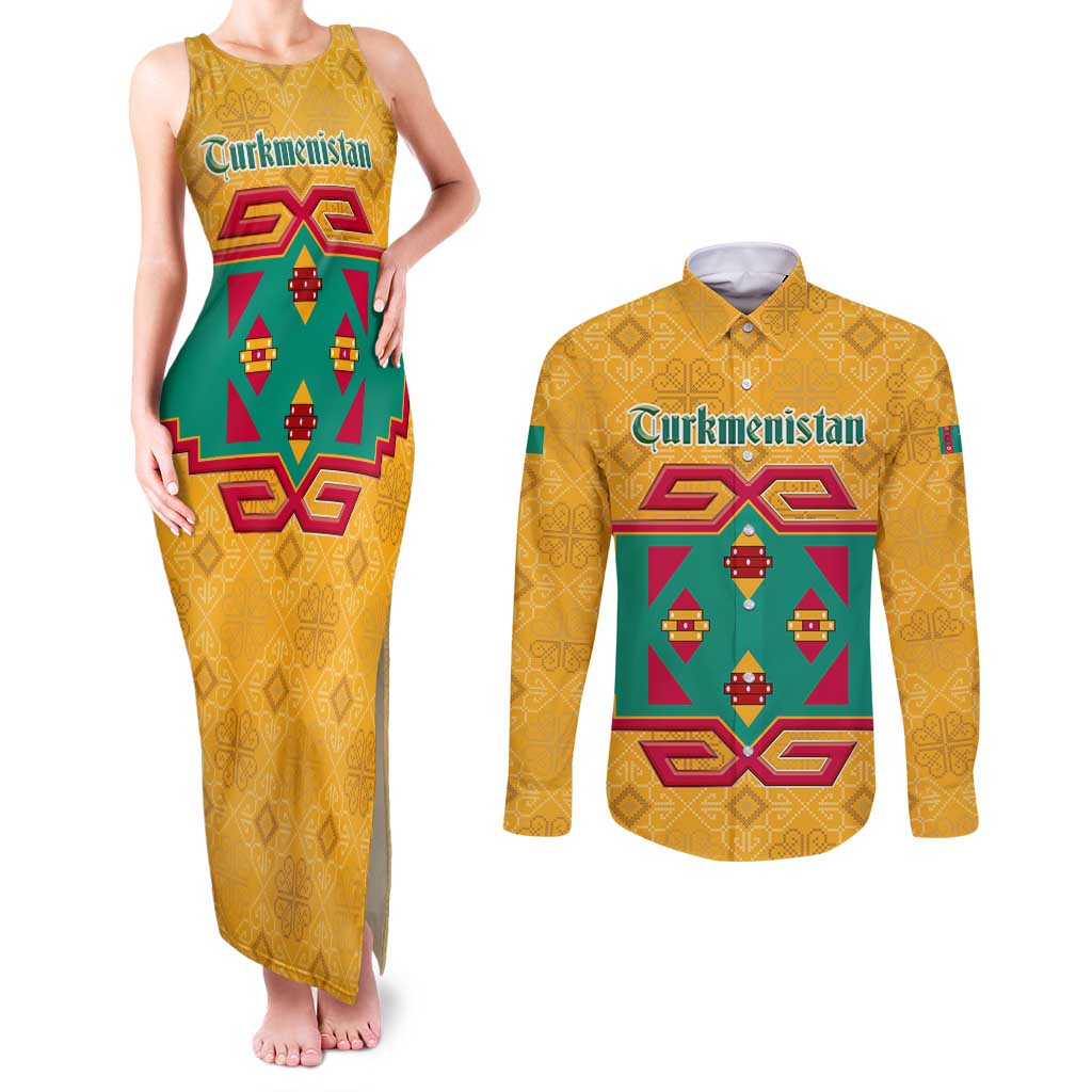 Turkmenistan Traditional Carpet Motif Couples Matching Tank Maxi Dress and Long Sleeve Button Shirt with Ethnic Pattern Design