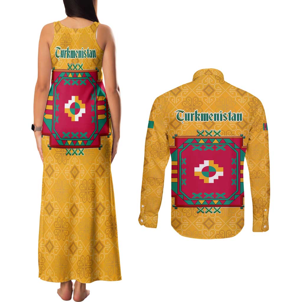 Turkmenistan Traditional Carpet Motif Couples Matching Tank Maxi Dress and Long Sleeve Button Shirt with Ethnic Pattern Design