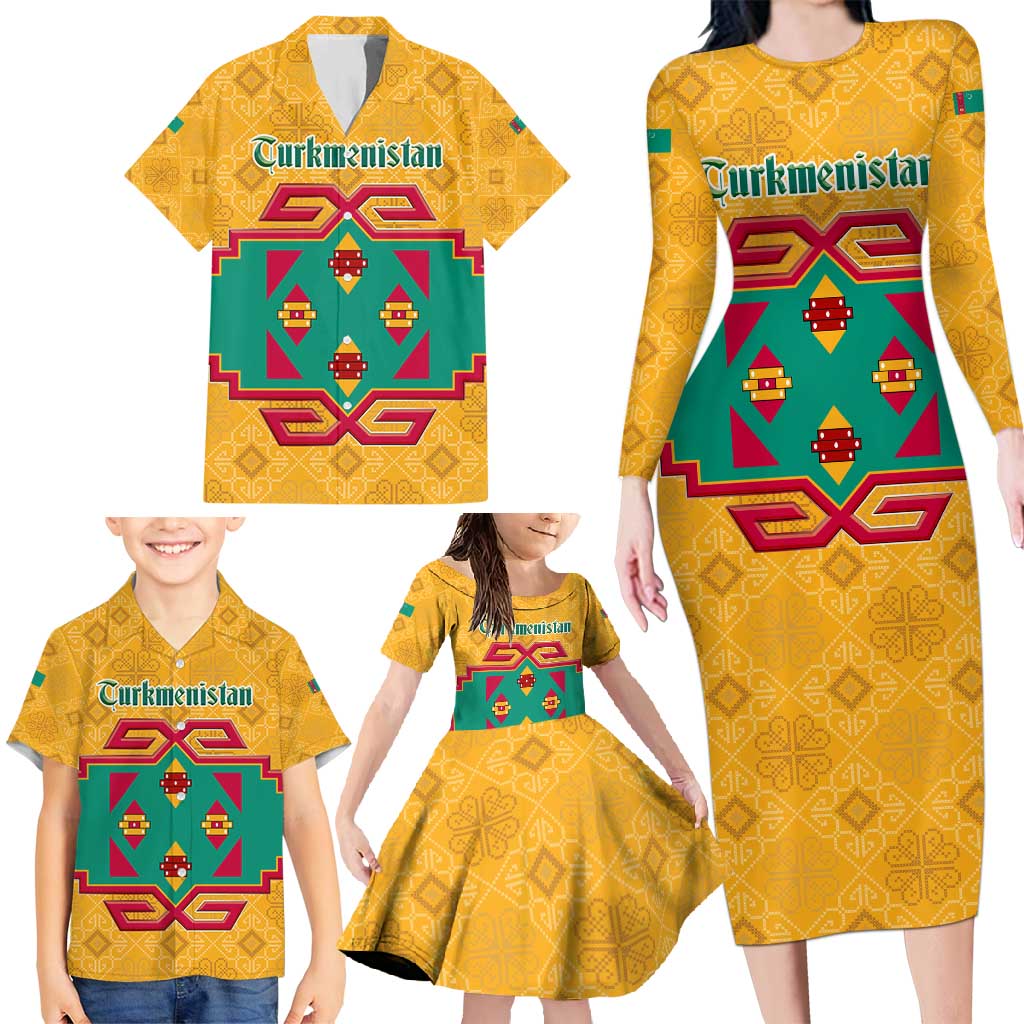 Turkmenistan Traditional Carpet Motif Family Matching Long Sleeve Bodycon Dress and Hawaiian Shirt with Ethnic Pattern Design