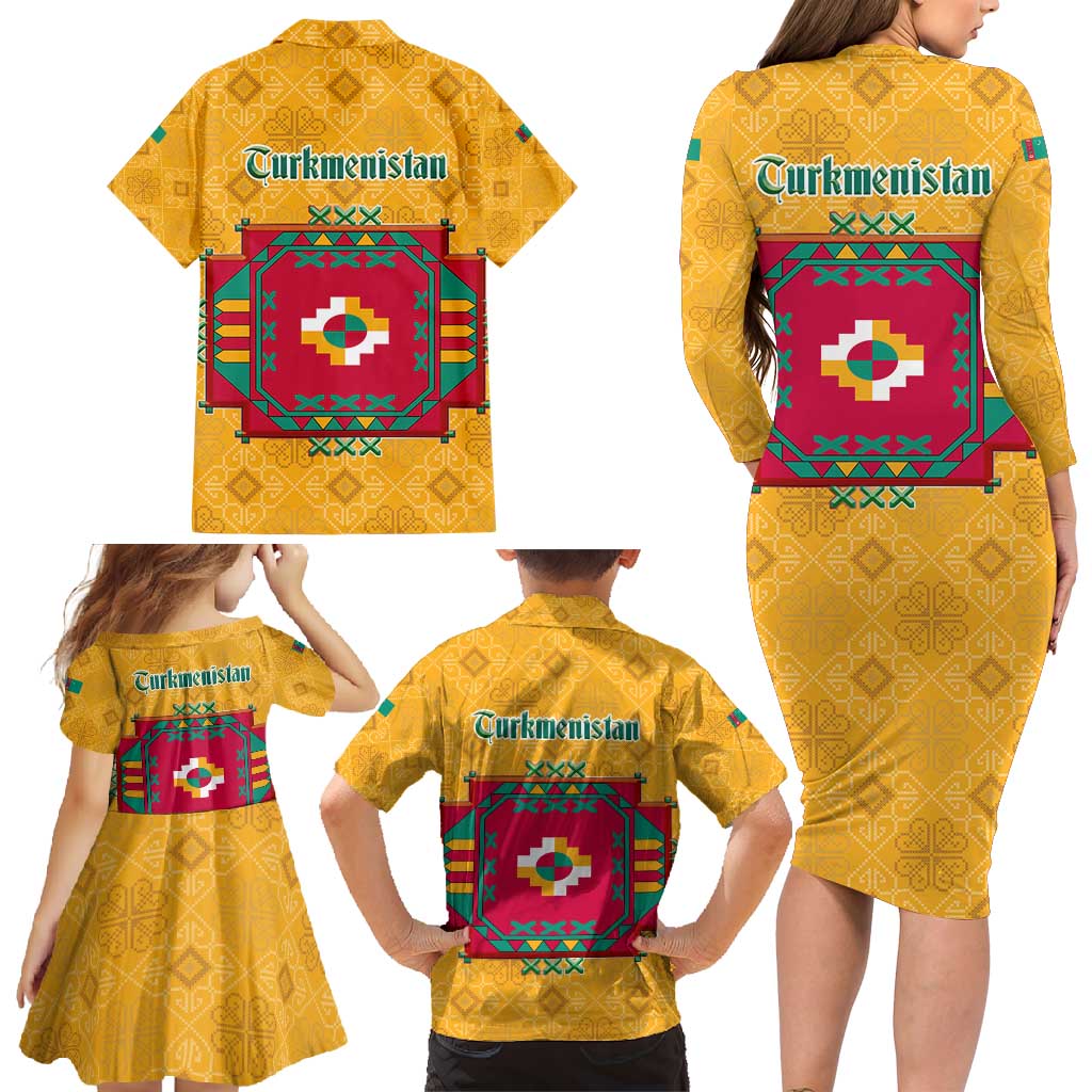 Turkmenistan Traditional Carpet Motif Family Matching Long Sleeve Bodycon Dress and Hawaiian Shirt with Ethnic Pattern Design