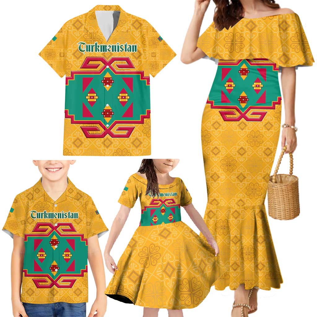 Turkmenistan Traditional Carpet Motif Family Matching Mermaid Dress and Hawaiian Shirt with Ethnic Pattern Design