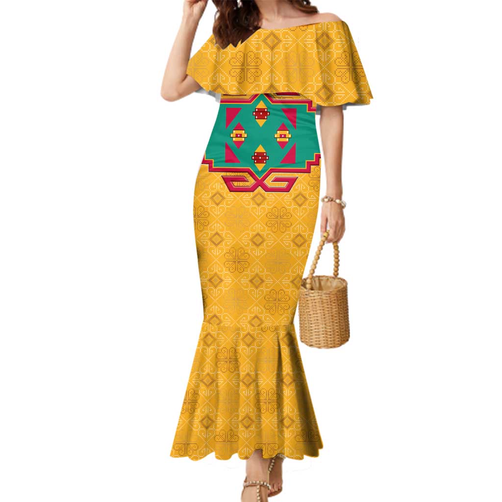 Turkmenistan Traditional Carpet Motif Family Matching Mermaid Dress and Hawaiian Shirt with Ethnic Pattern Design