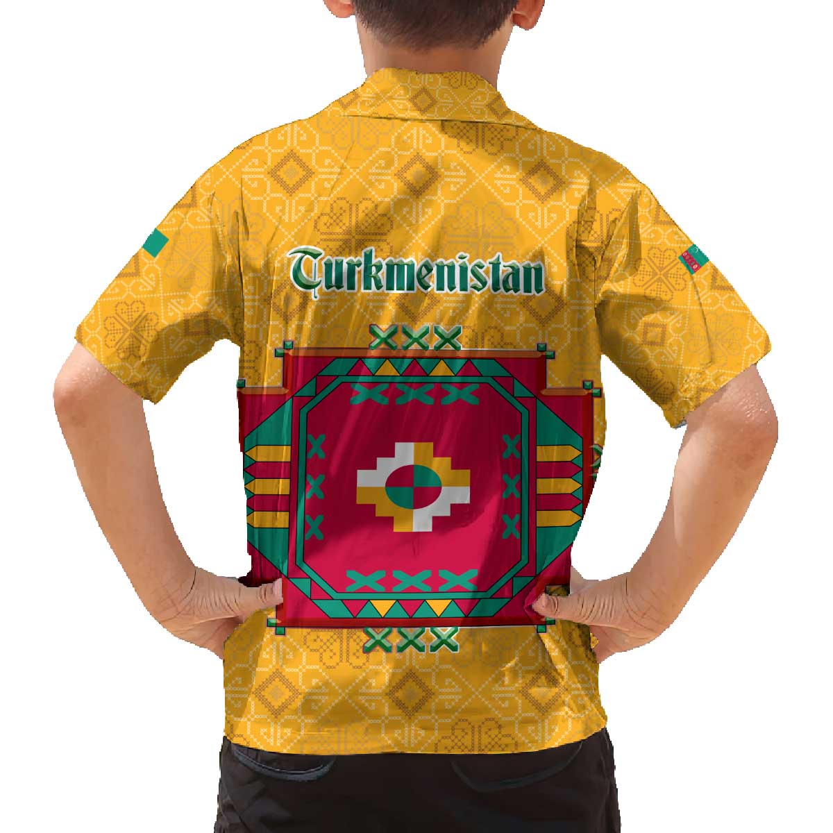 Turkmenistan Traditional Carpet Motif Family Matching Off The Shoulder Long Sleeve Dress and Hawaiian Shirt with Ethnic Pattern Design