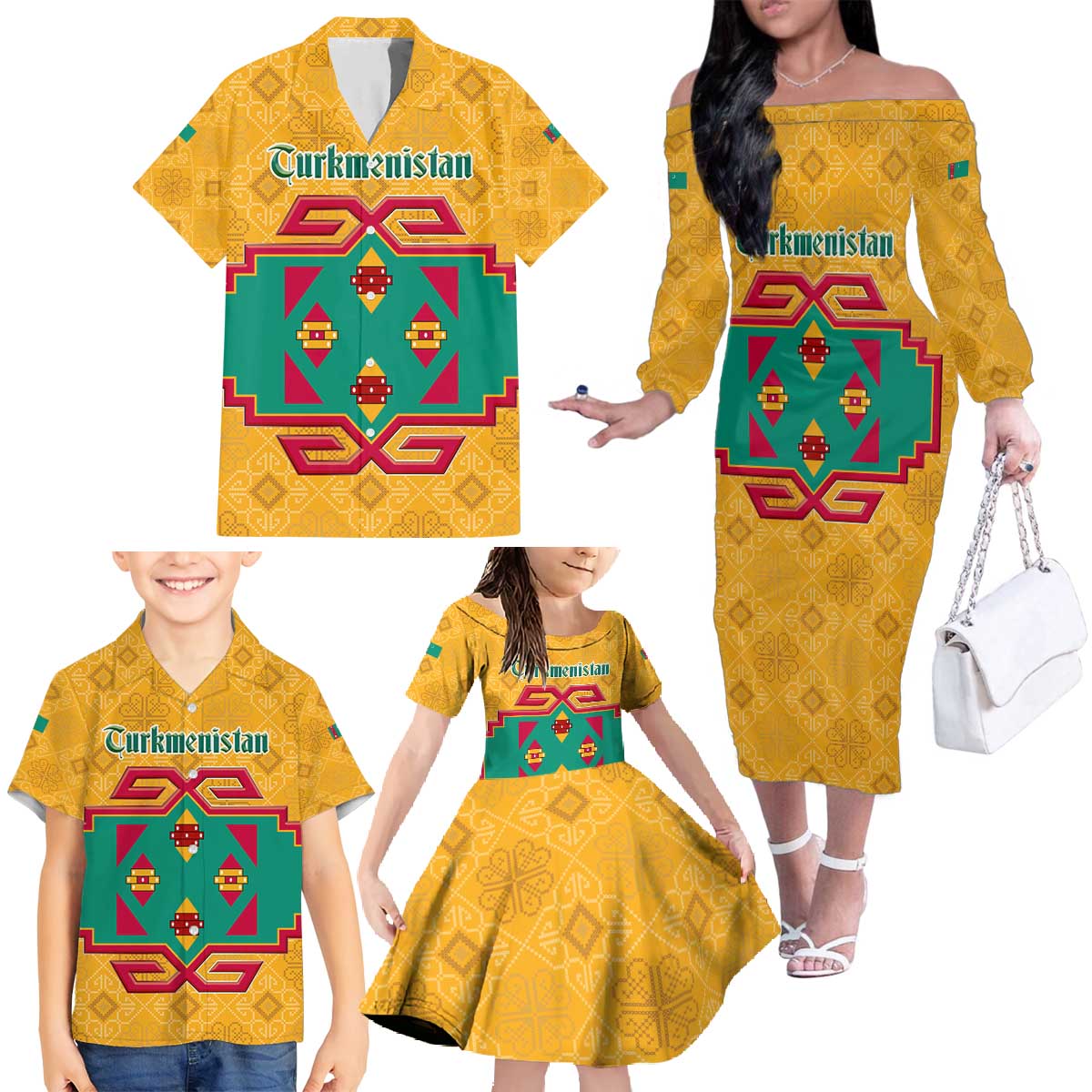 Turkmenistan Traditional Carpet Motif Family Matching Off The Shoulder Long Sleeve Dress and Hawaiian Shirt with Ethnic Pattern Design