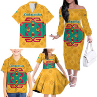 Turkmenistan Traditional Carpet Motif Family Matching Off The Shoulder Long Sleeve Dress and Hawaiian Shirt with Ethnic Pattern Design