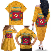Turkmenistan Traditional Carpet Motif Family Matching Off The Shoulder Long Sleeve Dress and Hawaiian Shirt with Ethnic Pattern Design