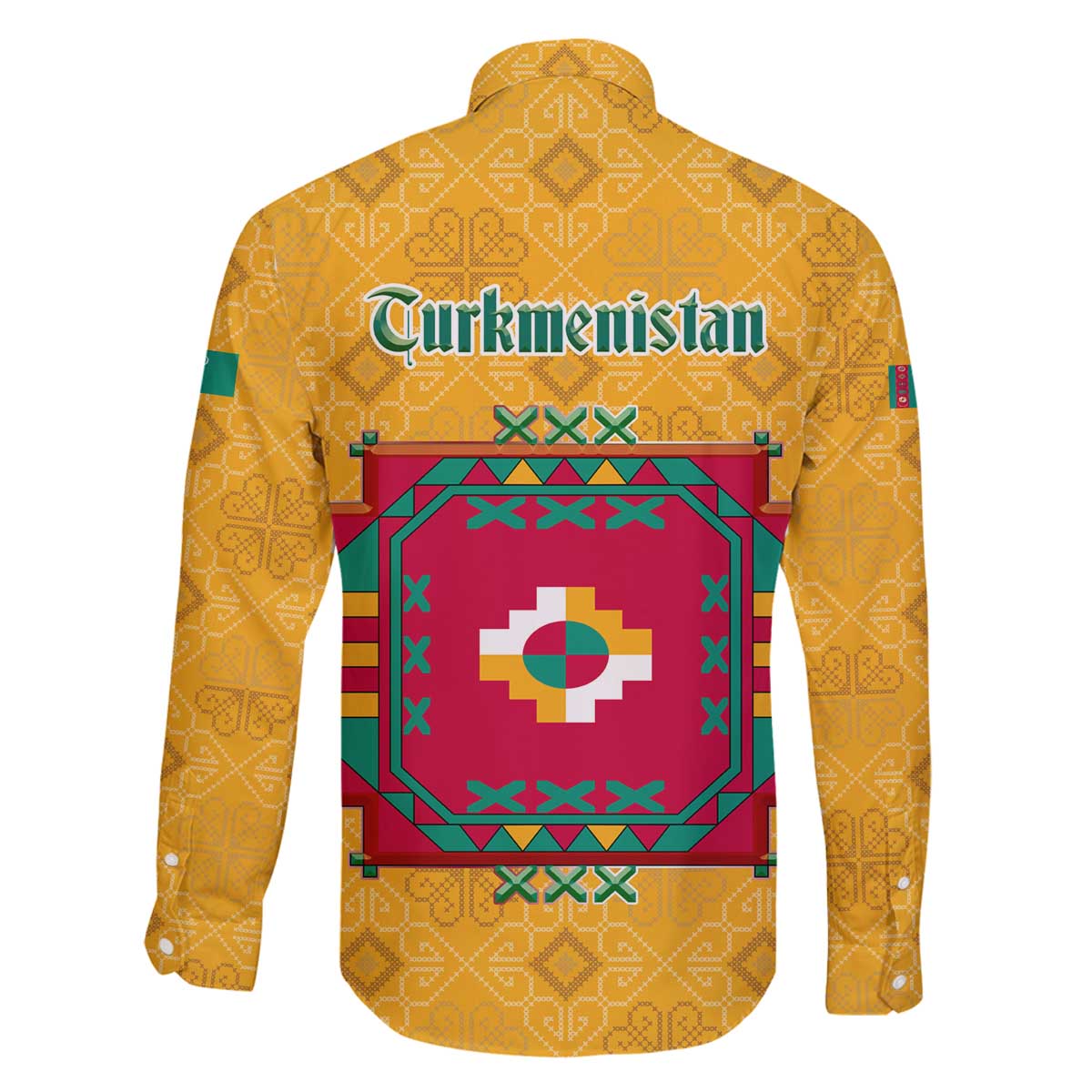 Turkmenistan Traditional Carpet Motif Family Matching Off The Shoulder Long Sleeve Dress and Hawaiian Shirt with Ethnic Pattern Design