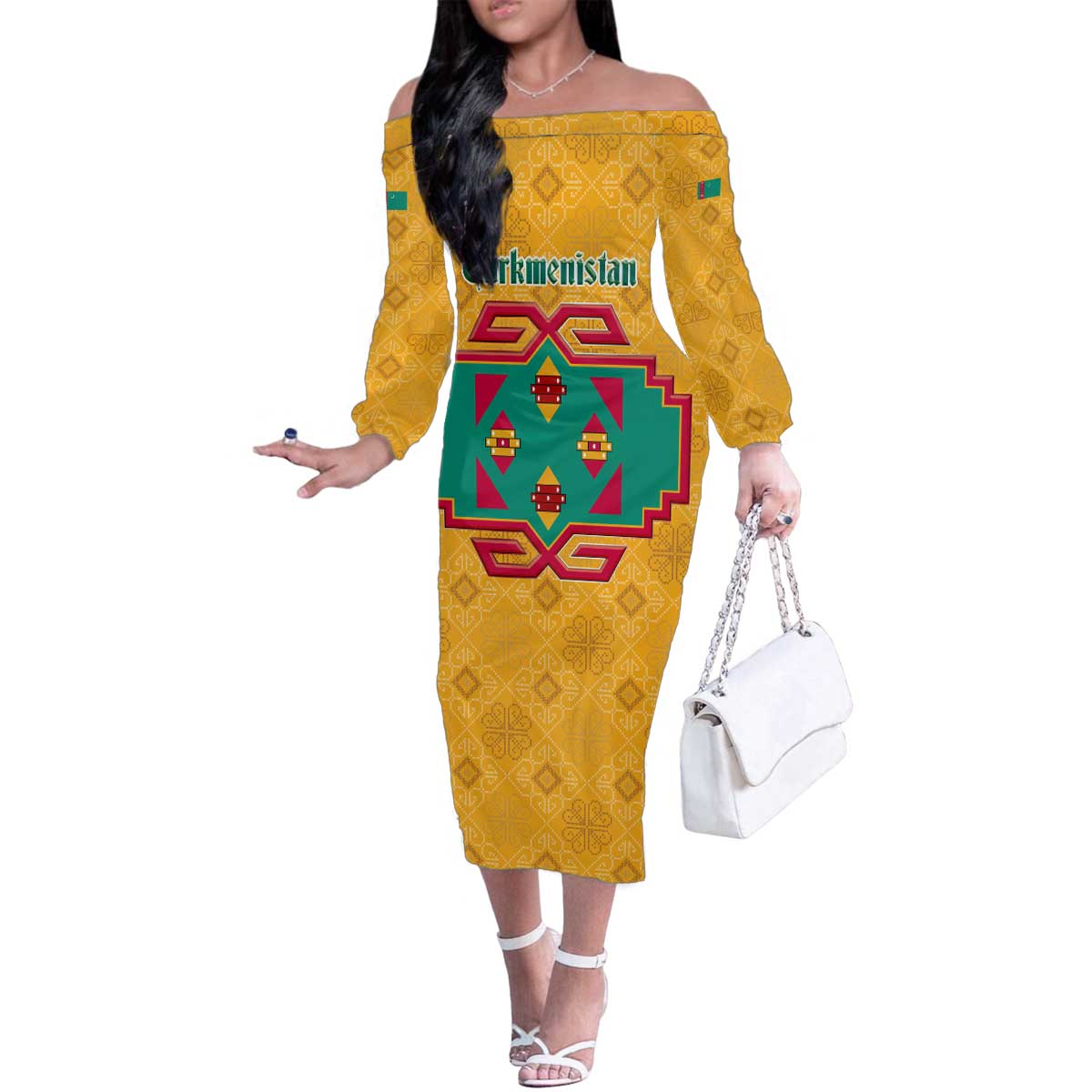 Turkmenistan Traditional Carpet Motif Family Matching Off The Shoulder Long Sleeve Dress and Hawaiian Shirt with Ethnic Pattern Design