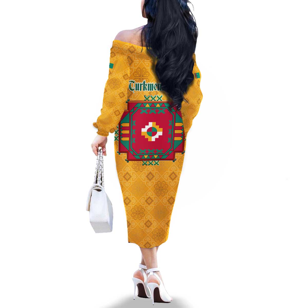 Turkmenistan Traditional Carpet Motif Family Matching Off The Shoulder Long Sleeve Dress and Hawaiian Shirt with Ethnic Pattern Design