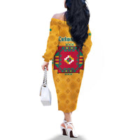 Turkmenistan Traditional Carpet Motif Family Matching Off The Shoulder Long Sleeve Dress and Hawaiian Shirt with Ethnic Pattern Design