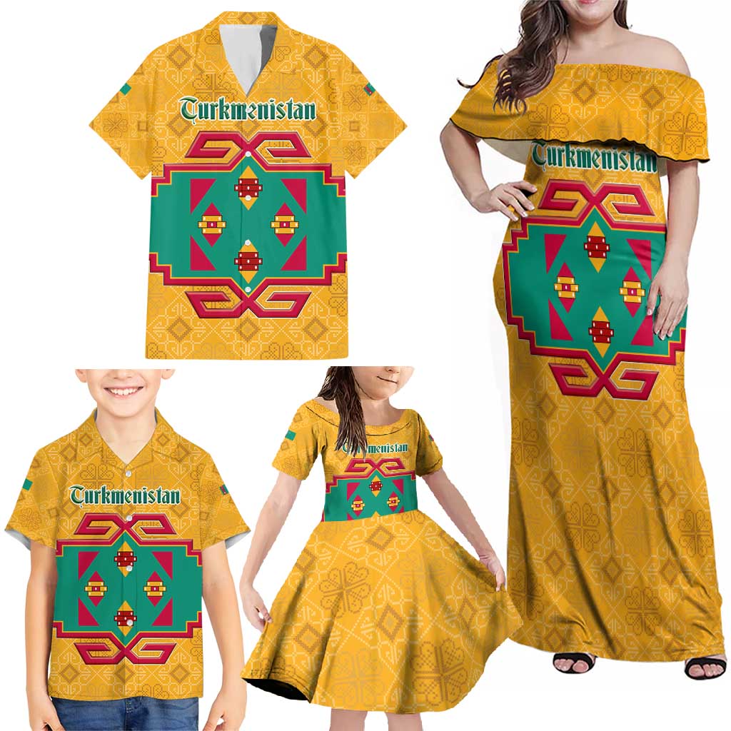 Turkmenistan Traditional Carpet Motif Family Matching Off Shoulder Maxi Dress and Hawaiian Shirt with Ethnic Pattern Design