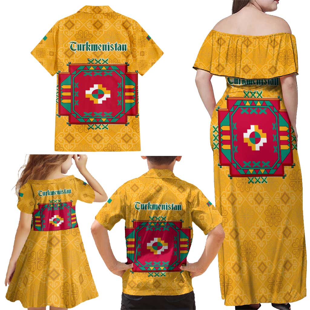 Turkmenistan Traditional Carpet Motif Family Matching Off Shoulder Maxi Dress and Hawaiian Shirt with Ethnic Pattern Design