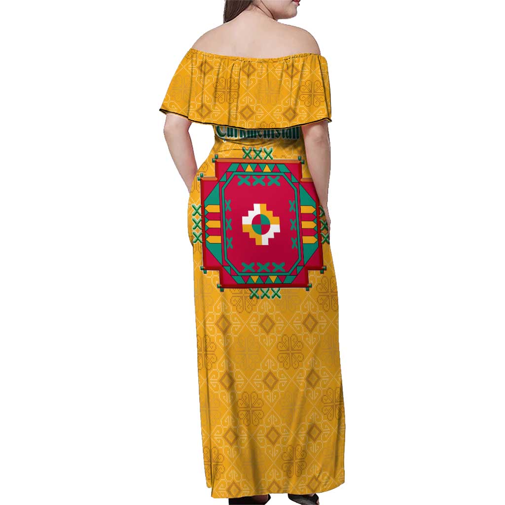 Turkmenistan Traditional Carpet Motif Family Matching Off Shoulder Maxi Dress and Hawaiian Shirt with Ethnic Pattern Design