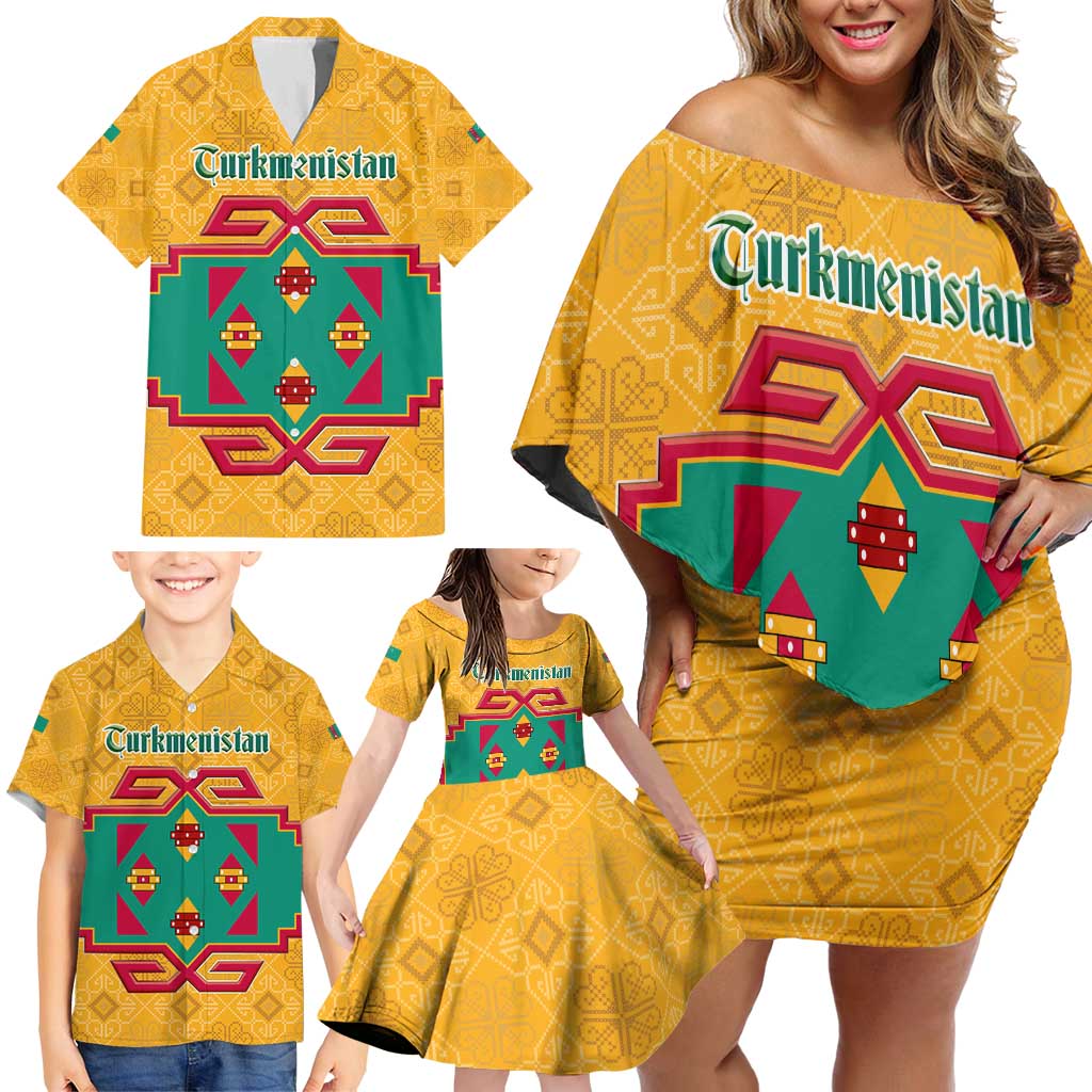Turkmenistan Traditional Carpet Motif Family Matching Off Shoulder Short Dress and Hawaiian Shirt with Ethnic Pattern Design