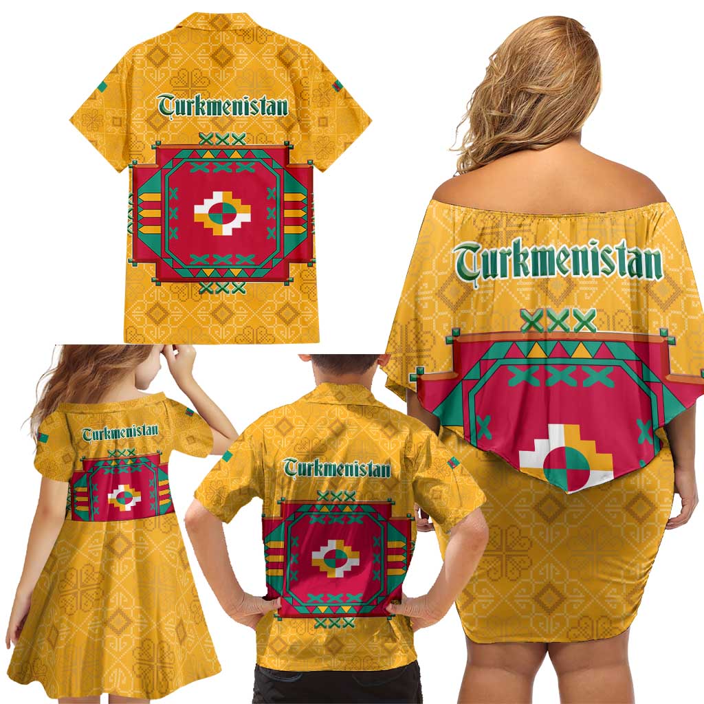 Turkmenistan Traditional Carpet Motif Family Matching Off Shoulder Short Dress and Hawaiian Shirt with Ethnic Pattern Design