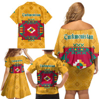 Turkmenistan Traditional Carpet Motif Family Matching Off Shoulder Short Dress and Hawaiian Shirt with Ethnic Pattern Design