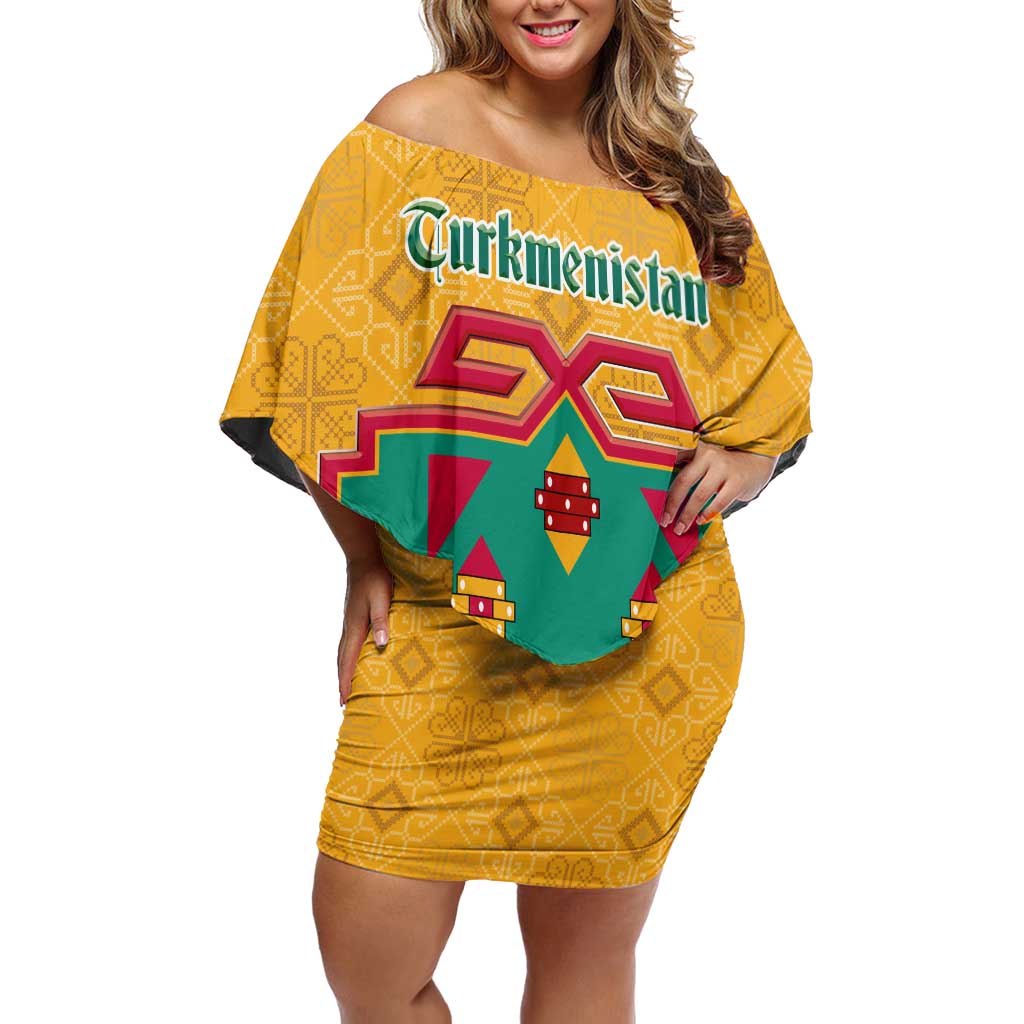 Turkmenistan Traditional Carpet Motif Family Matching Off Shoulder Short Dress and Hawaiian Shirt with Ethnic Pattern Design