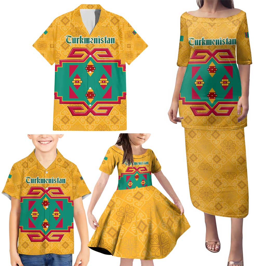 Turkmenistan Traditional Carpet Motif Family Matching Puletasi and Hawaiian Shirt with Ethnic Pattern Design