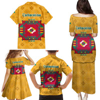 Turkmenistan Traditional Carpet Motif Family Matching Puletasi and Hawaiian Shirt with Ethnic Pattern Design