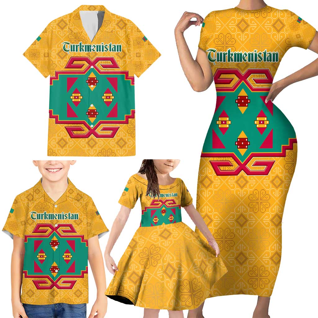 Turkmenistan Traditional Carpet Motif Family Matching Short Sleeve Bodycon Dress and Hawaiian Shirt with Ethnic Pattern Design