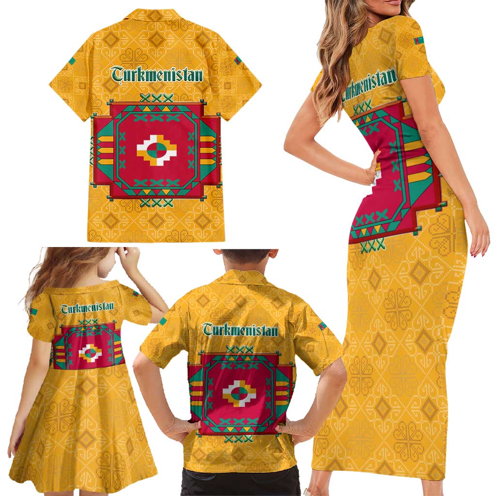 Turkmenistan Traditional Carpet Motif Family Matching Short Sleeve Bodycon Dress and Hawaiian Shirt with Ethnic Pattern Design