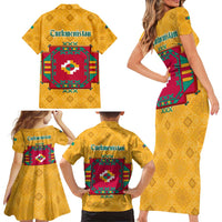 Turkmenistan Traditional Carpet Motif Family Matching Short Sleeve Bodycon Dress and Hawaiian Shirt with Ethnic Pattern Design