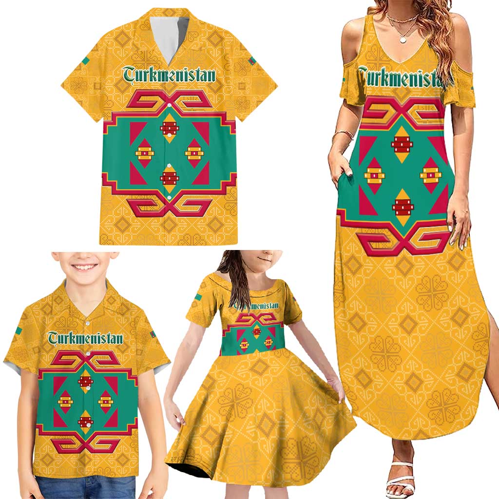 Turkmenistan Traditional Carpet Motif Family Matching Summer Maxi Dress and Hawaiian Shirt with Ethnic Pattern Design