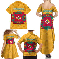 Turkmenistan Traditional Carpet Motif Family Matching Summer Maxi Dress and Hawaiian Shirt with Ethnic Pattern Design