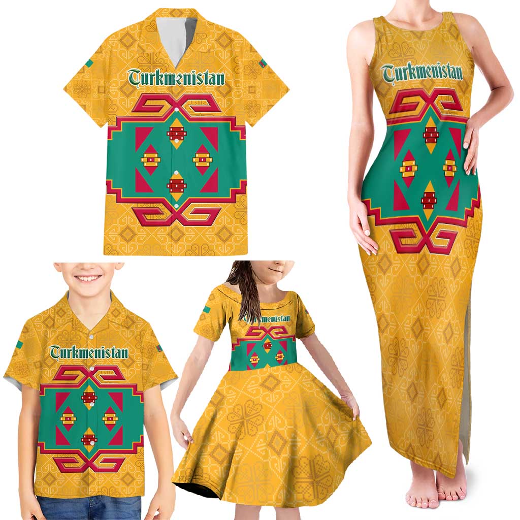 Turkmenistan Traditional Carpet Motif Family Matching Tank Maxi Dress and Hawaiian Shirt with Ethnic Pattern Design