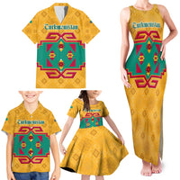 Turkmenistan Traditional Carpet Motif Family Matching Tank Maxi Dress and Hawaiian Shirt with Ethnic Pattern Design