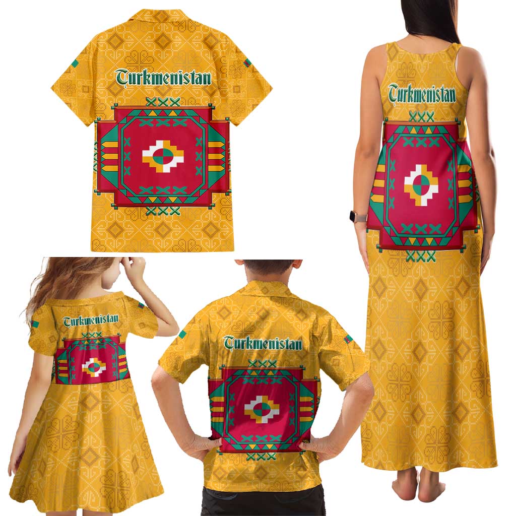 Turkmenistan Traditional Carpet Motif Family Matching Tank Maxi Dress and Hawaiian Shirt with Ethnic Pattern Design