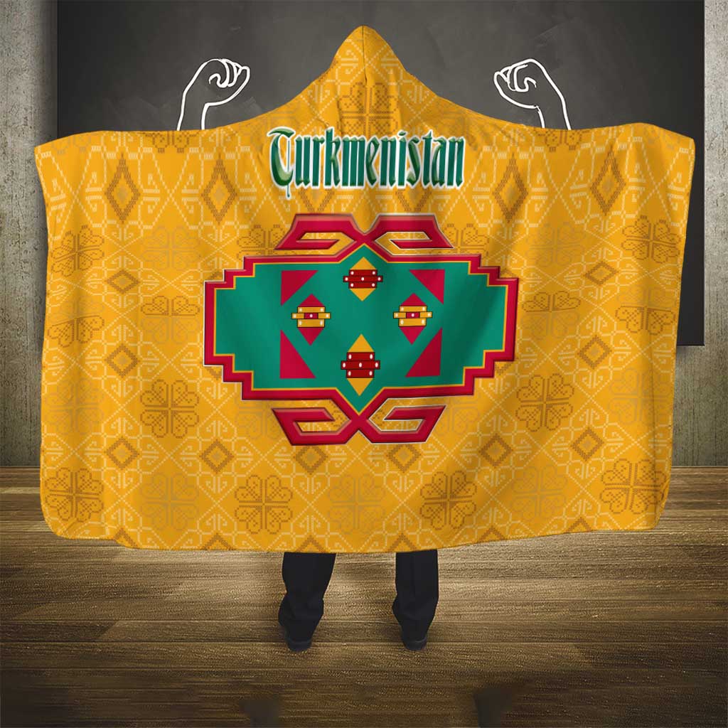 Turkmenistan Traditional Carpet Motif Hooded Blanket with Ethnic Pattern Design