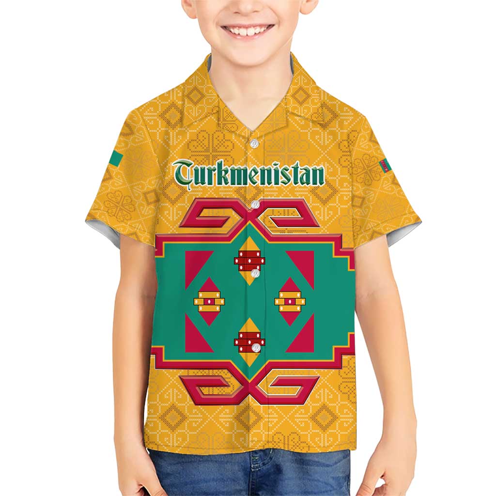 Turkmenistan Traditional Carpet Motif Kid Hawaiian Shirt with Ethnic Pattern Design