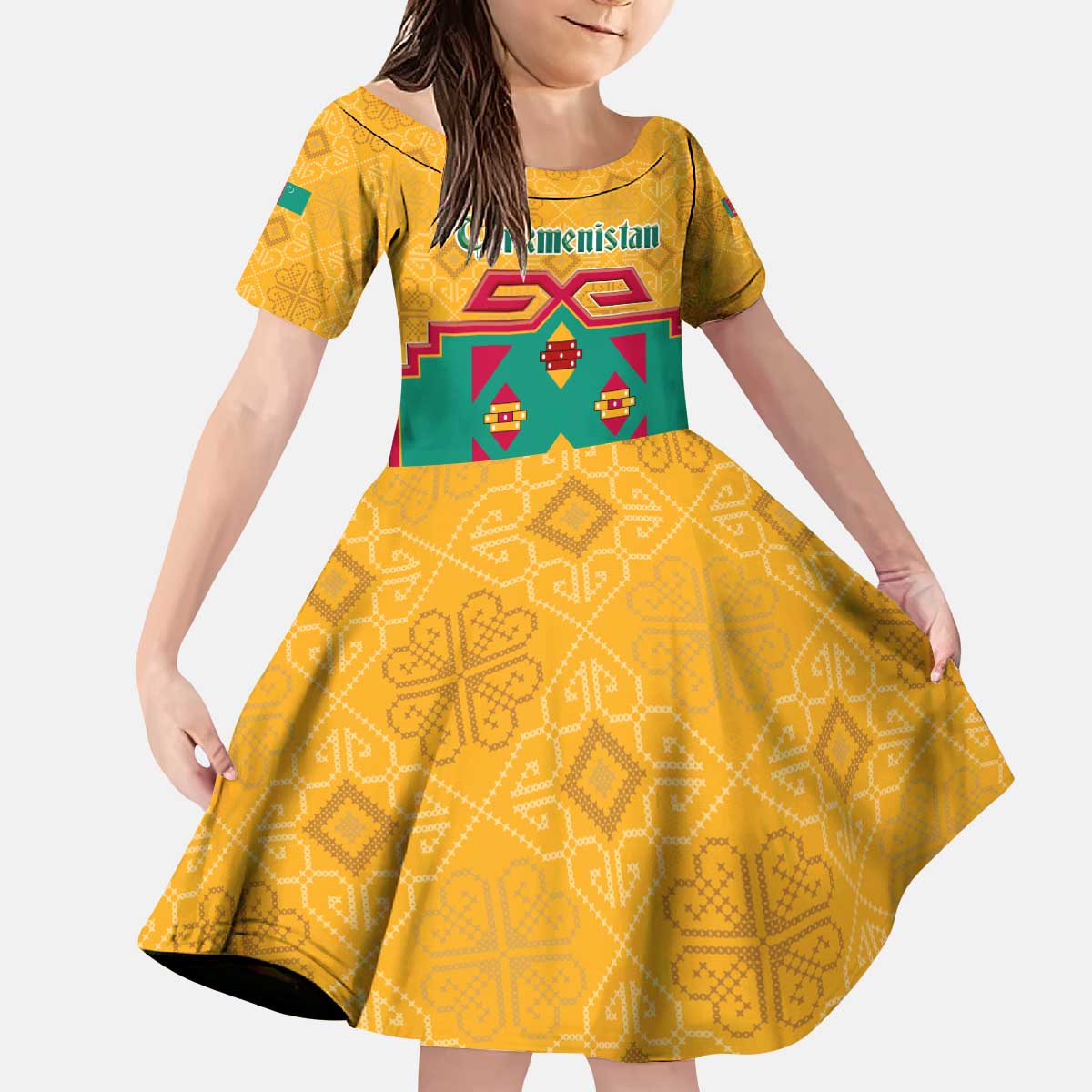 Turkmenistan Traditional Carpet Motif Kid Short Sleeve Dress with Ethnic Pattern Design