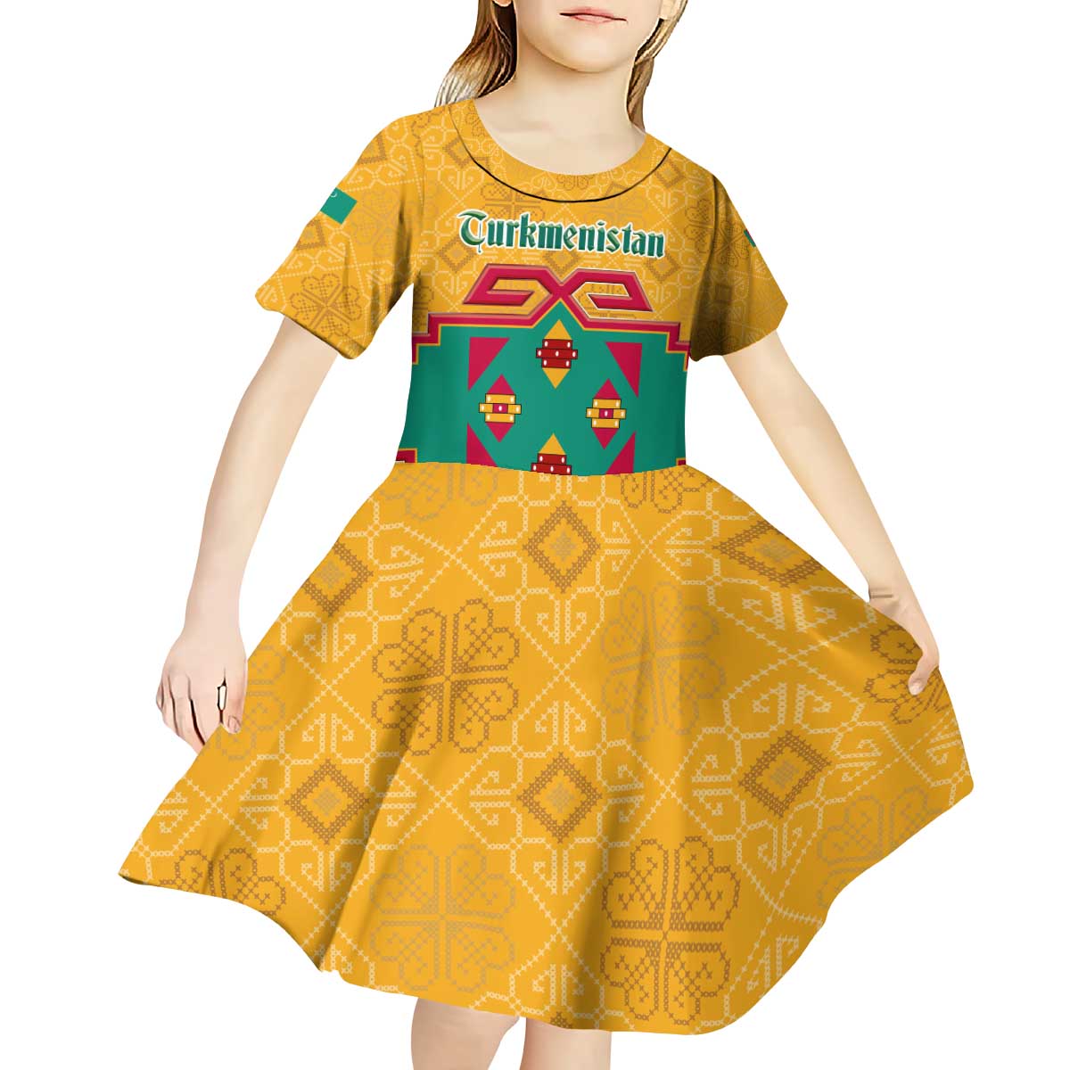 Turkmenistan Traditional Carpet Motif Kid Short Sleeve Dress with Ethnic Pattern Design
