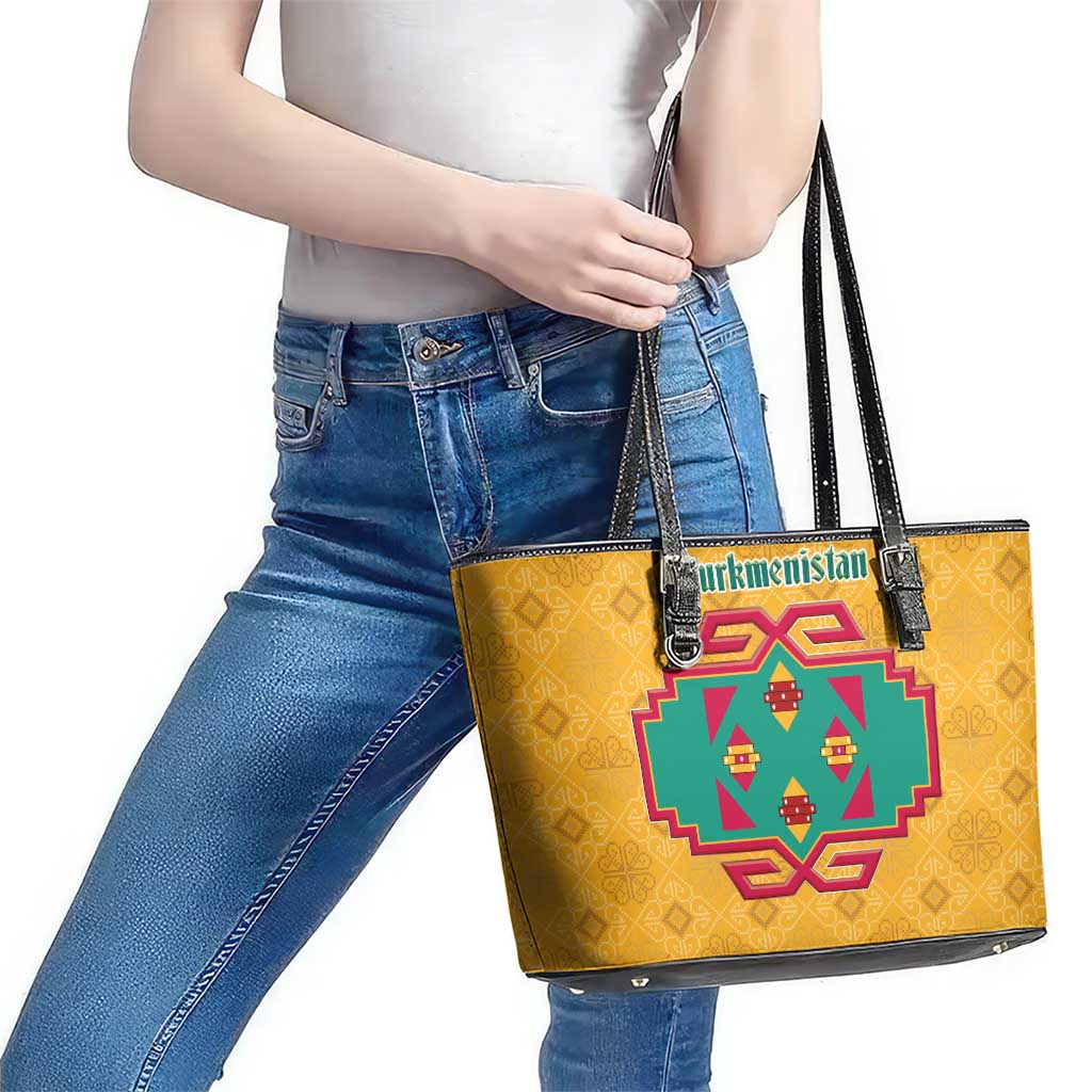 Turkmenistan Traditional Carpet Motif Leather Tote Bag with Ethnic Pattern Design