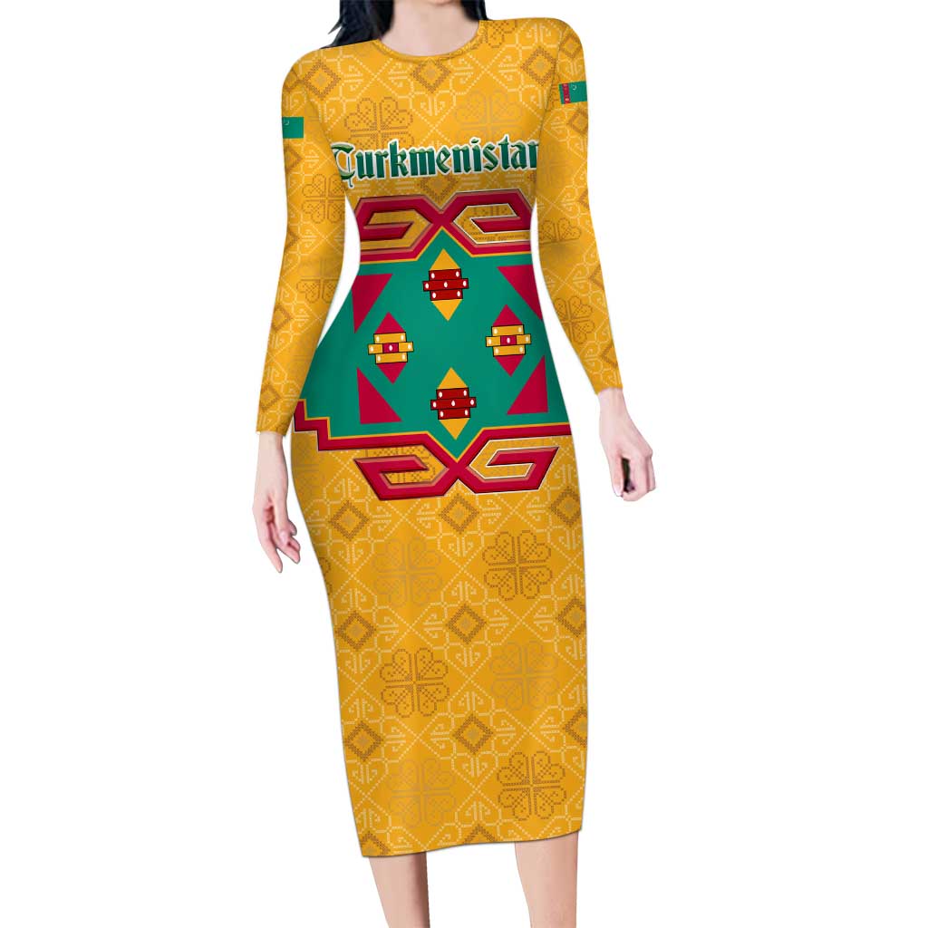 Turkmenistan Traditional Carpet Motif Long Sleeve Bodycon Dress with Ethnic Pattern Design