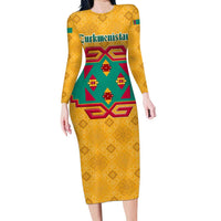 Turkmenistan Traditional Carpet Motif Long Sleeve Bodycon Dress with Ethnic Pattern Design
