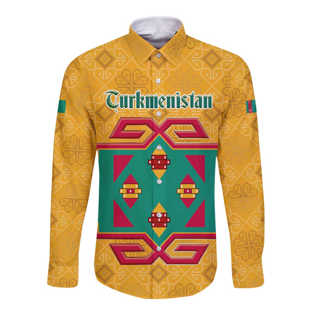 Turkmenistan Traditional Carpet Motif Long Sleeve Button Shirt with Ethnic Pattern Design