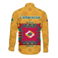 Turkmenistan Traditional Carpet Motif Long Sleeve Button Shirt with Ethnic Pattern Design