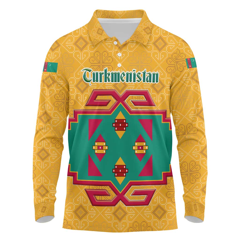 Turkmenistan Traditional Carpet Motif Long Sleeve Polo Shirt with Ethnic Pattern Design