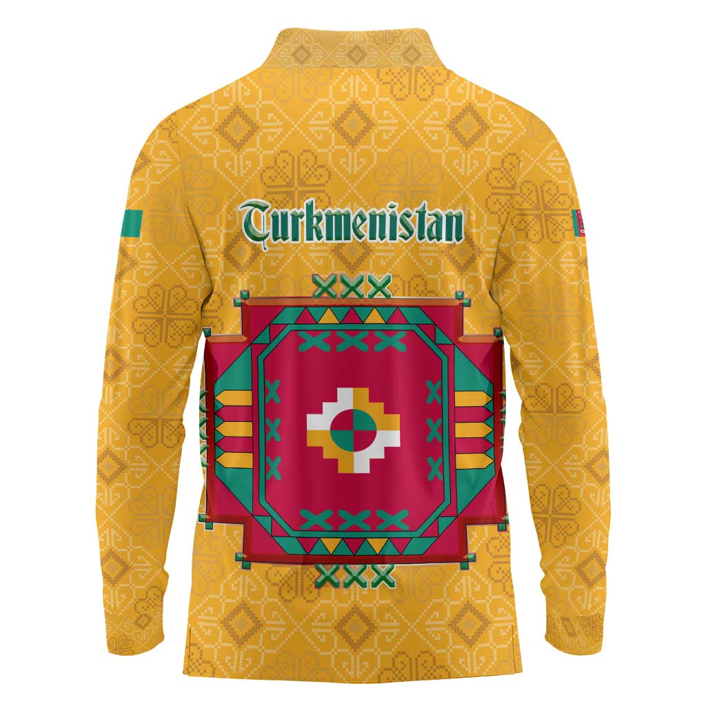 Turkmenistan Traditional Carpet Motif Long Sleeve Polo Shirt with Ethnic Pattern Design