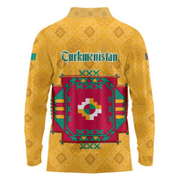 Turkmenistan Traditional Carpet Motif Long Sleeve Polo Shirt with Ethnic Pattern Design