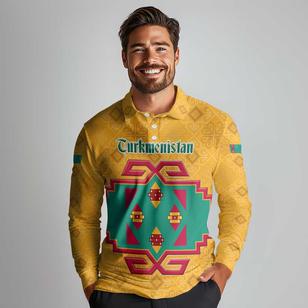 Turkmenistan Traditional Carpet Motif Long Sleeve Polo Shirt with Ethnic Pattern Design