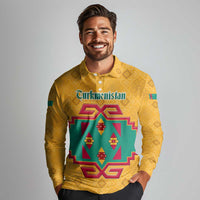 Turkmenistan Traditional Carpet Motif Long Sleeve Polo Shirt with Ethnic Pattern Design