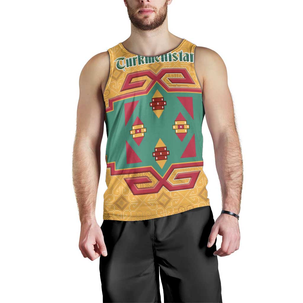 Turkmenistan Traditional Carpet Motif Men Tank Top with Ethnic Pattern Design